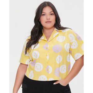 Happy Smiley Face print button down shirt blouse top women's PLUS SIZE 3X yellow